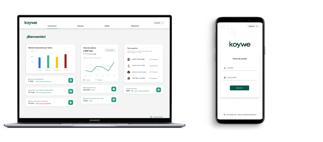 Concepto de la solución de ClientHub: dashboard web y pantalla de inicio de sesión móvil