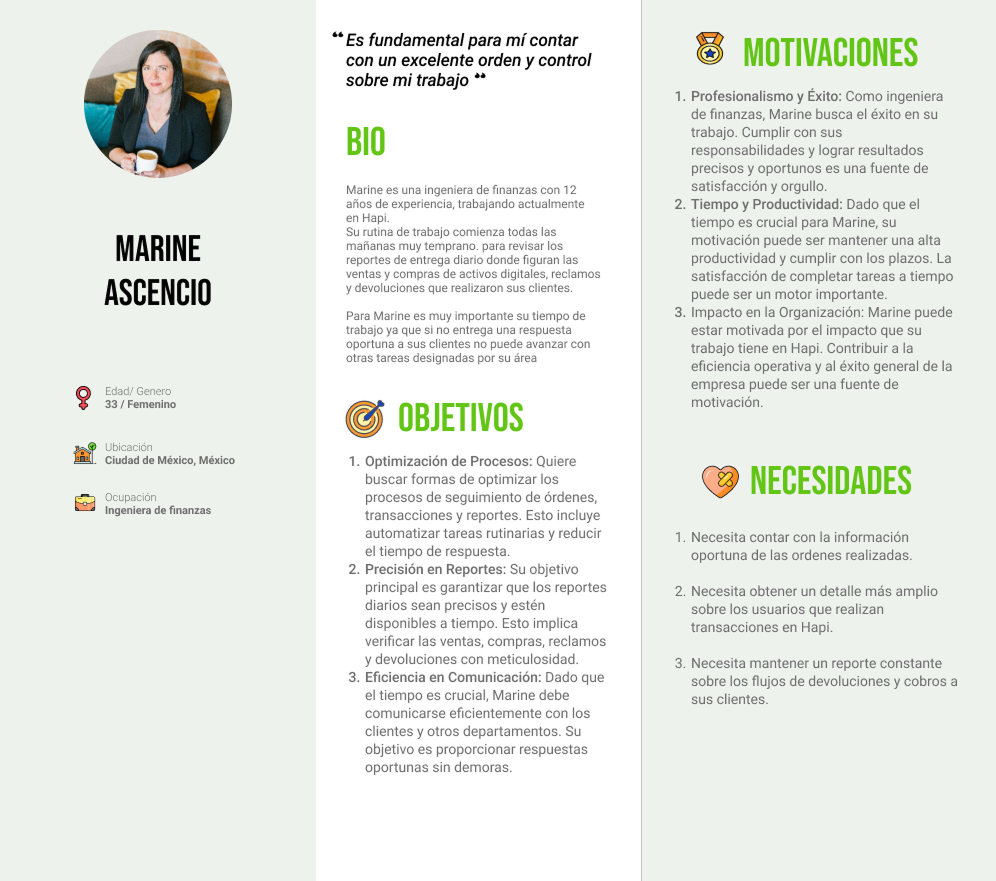User persona de un cliente de ClientHub: Marine Ascencio, ingeniera de finanzas
