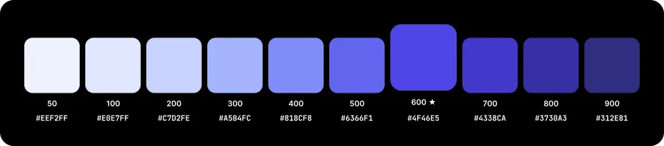 Paleta Primary — Indigo cálido, shades 50 a 900