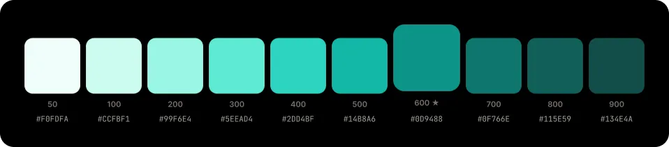 Paleta Secondary — Teal, shades 50 a 900