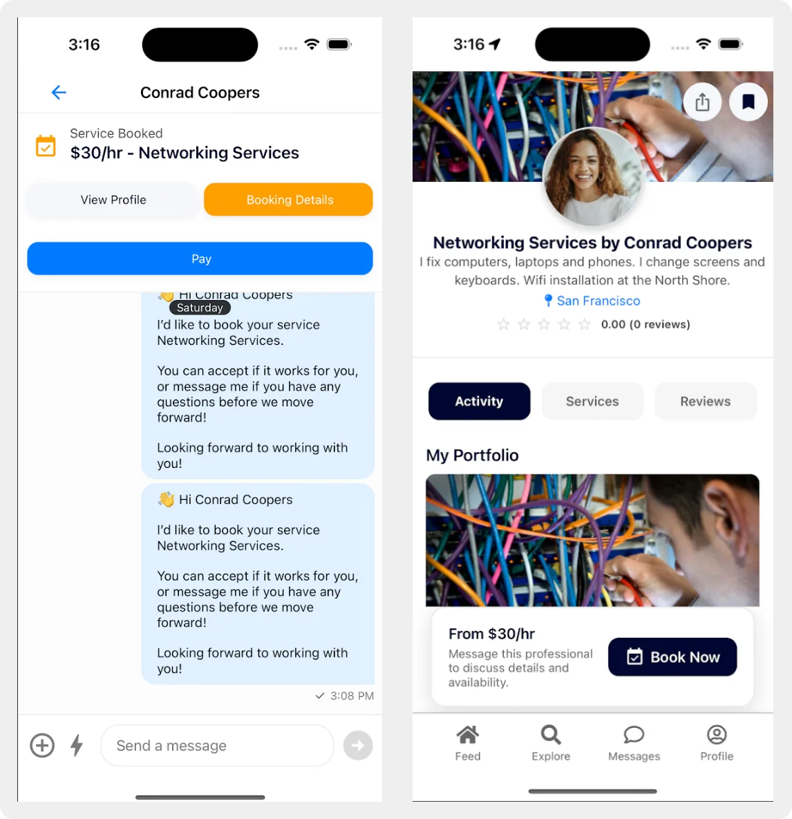 Flujo de reserva actual que salta directo a un chat sin confirmación