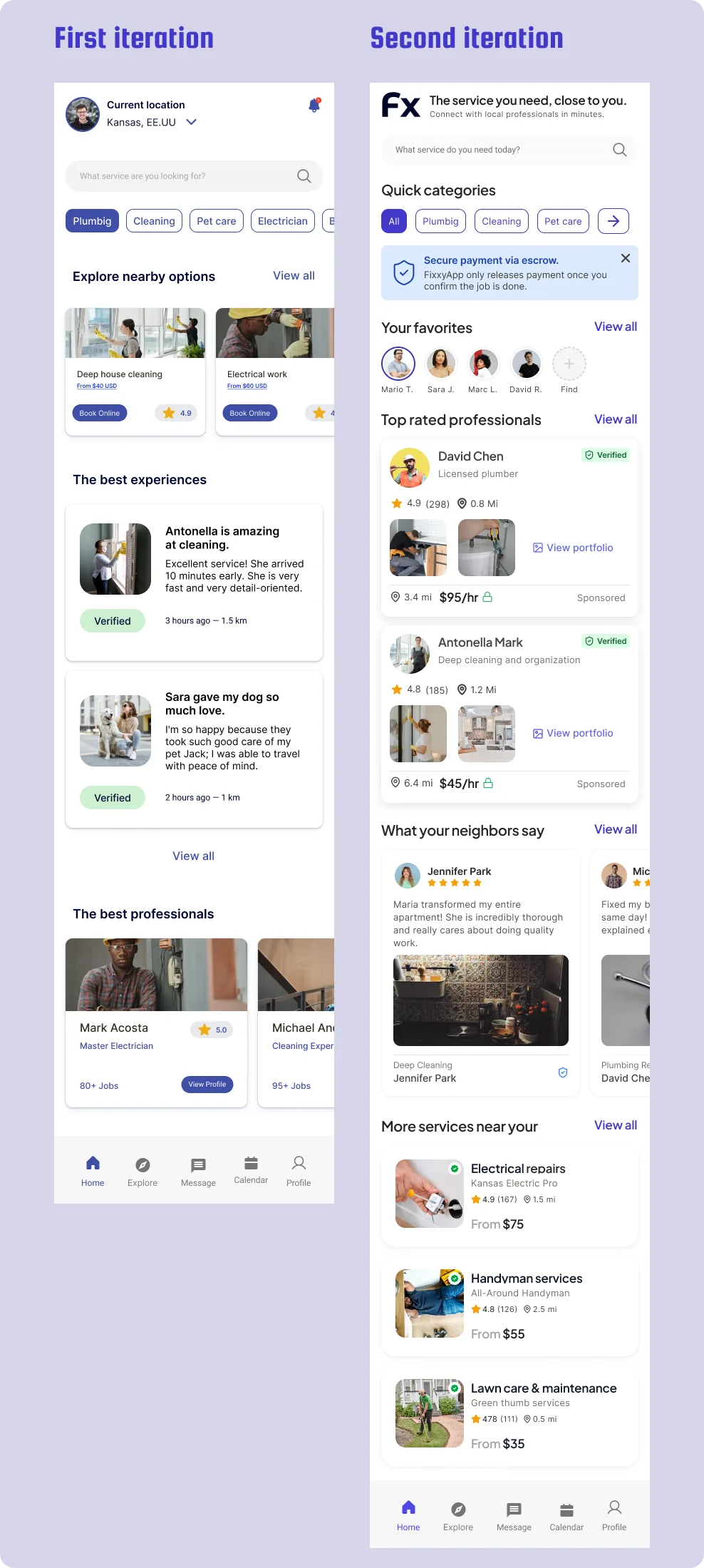 Comparación de la primera y segunda iteración del Home feed en alta fidelidad