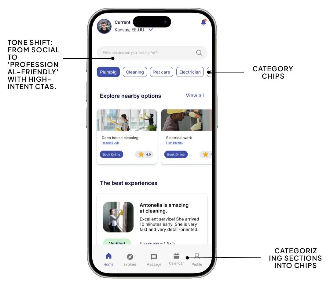 Home rediseñada con anotaciones de cambio de tono, chips de categoría y secciones convertidas en chips