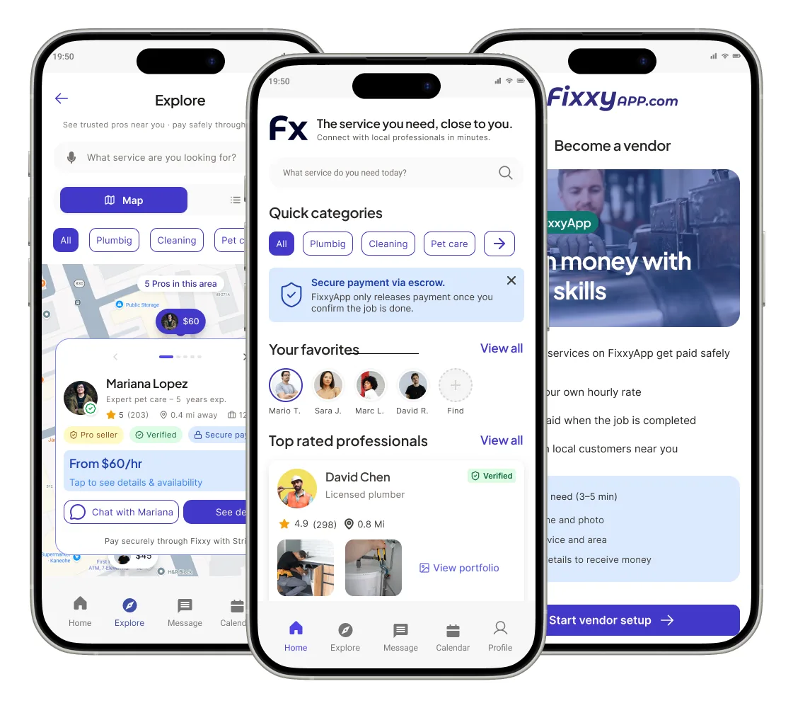 Pantallas de la app actual de FixxyApp en mobile