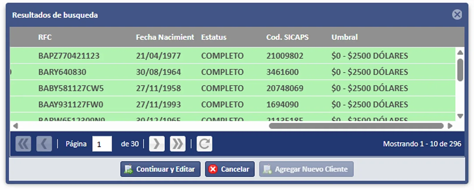 Resultados de la búsqueda de clientes