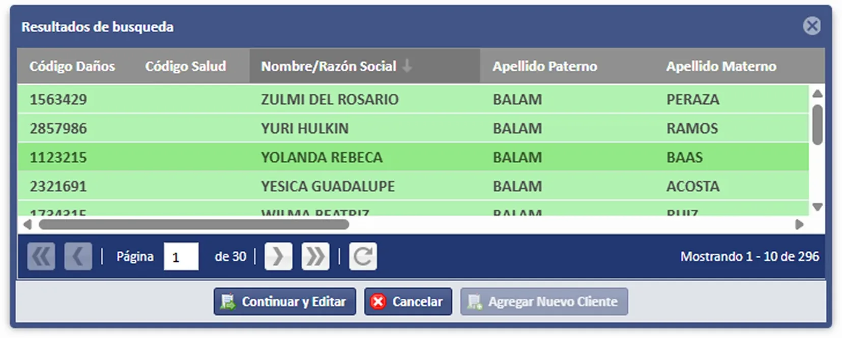 Búsqueda de clientes con filtros y resultados