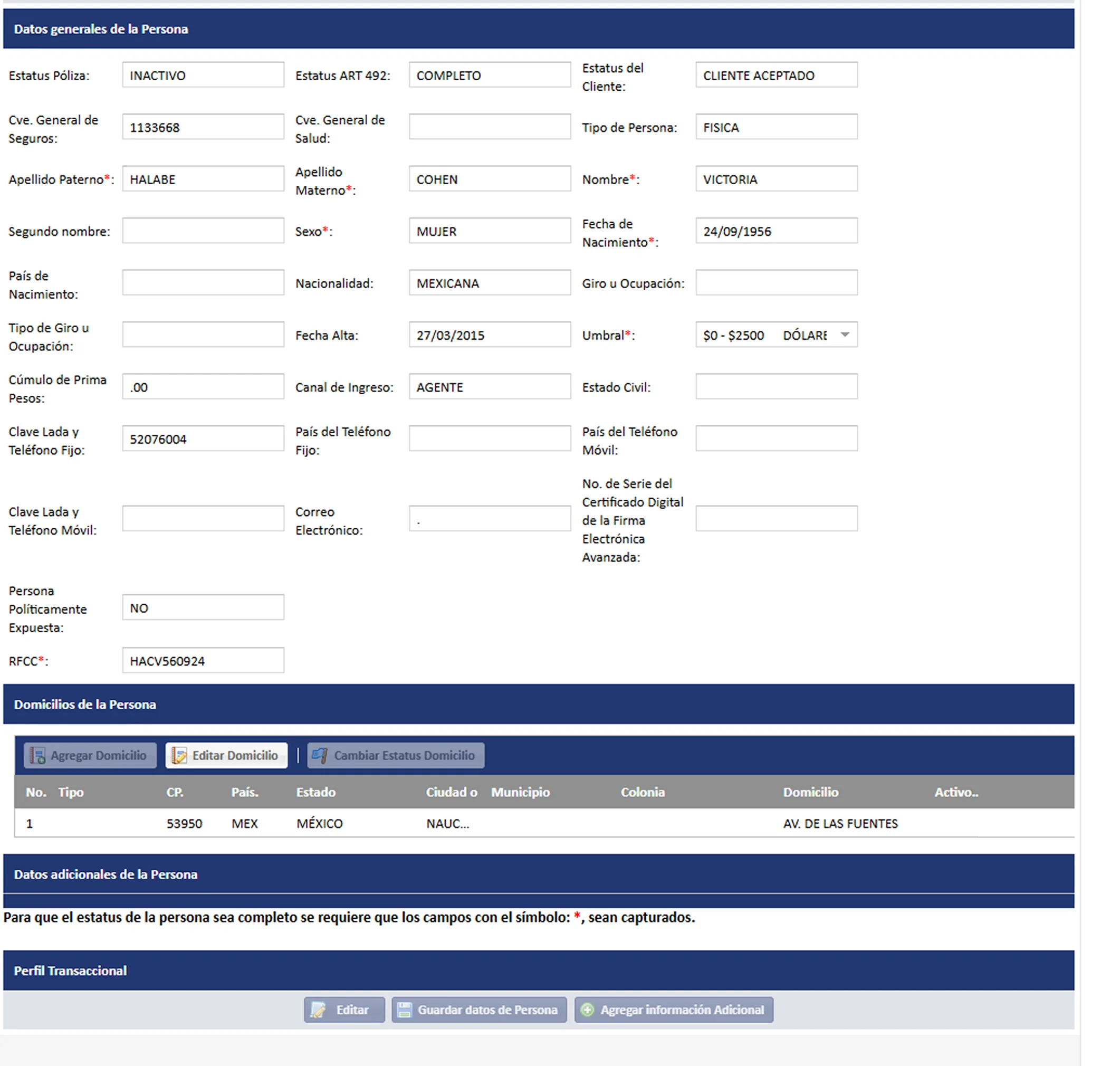 Perfil del cliente con edición completa