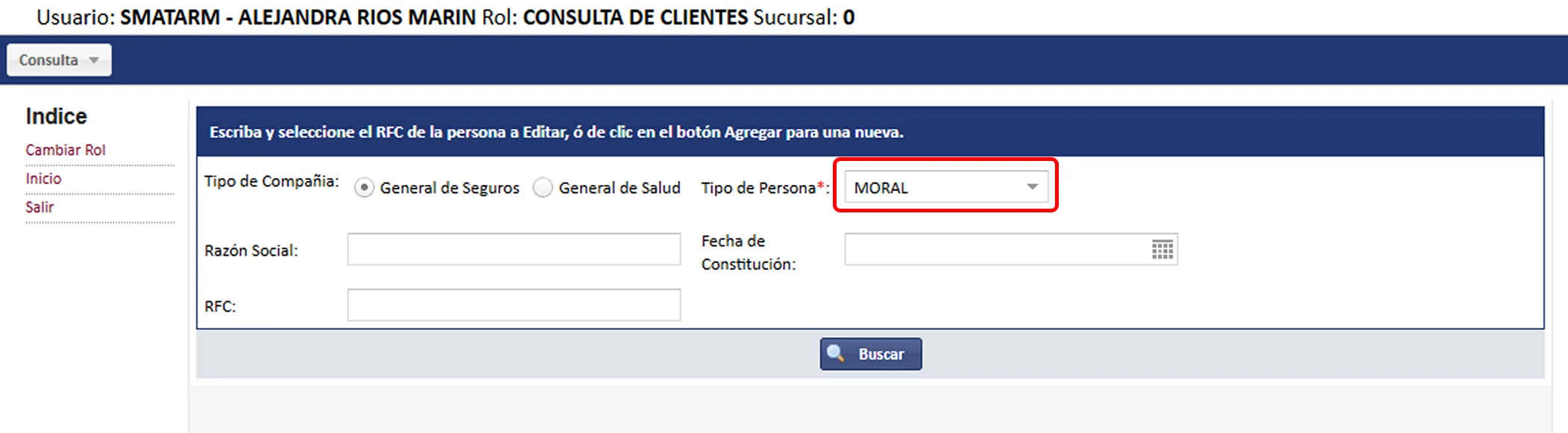Detalle de la selección de tipo de persona