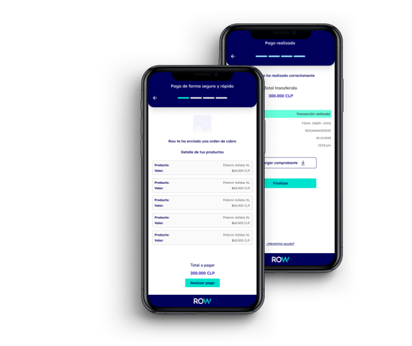 Pantallas de la app Row: orden de cobro y pago realizado