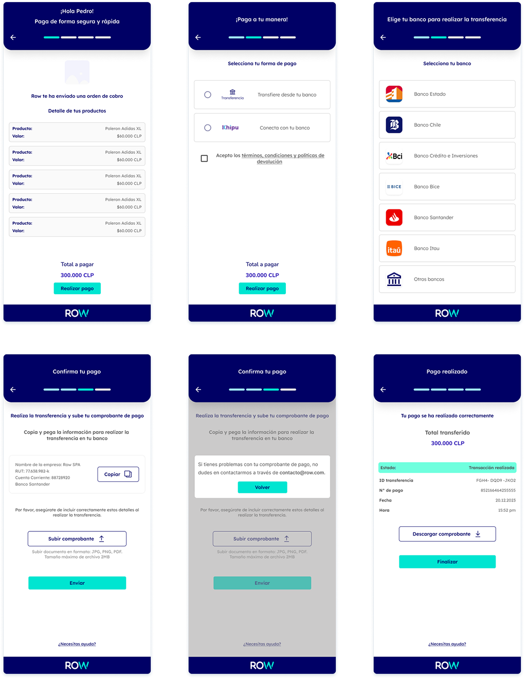 Mockups del flujo de pago de la app Row