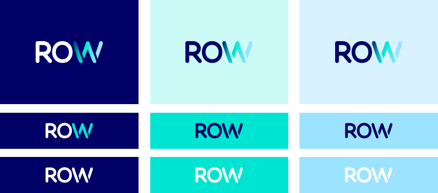 Board de identidad de marca de Row: wordmark sobre distintas combinaciones de color