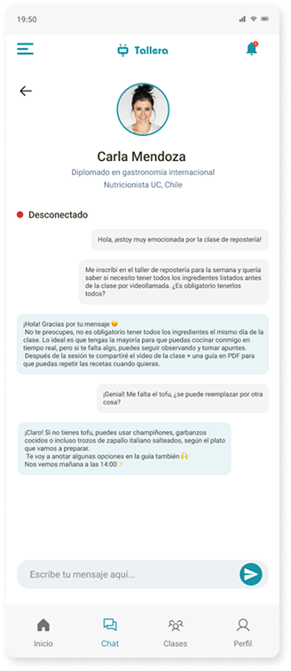 Conversación del alumno con una profesora, con el indicador de conexión en la cabecera