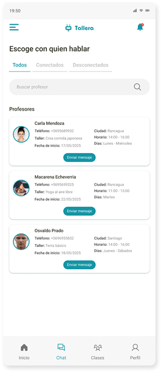 Listado de profesores filtrable por estado de conexión, con buscador