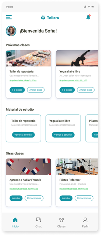 Dashboard del alumno con las próximas clases, el material de estudio y otras clases para inscribirse