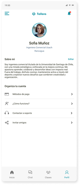 Perfil del alumno con Sobre mí, organización de la cuenta y métodos de pago, ayuda, soporte y opción de compartir la app