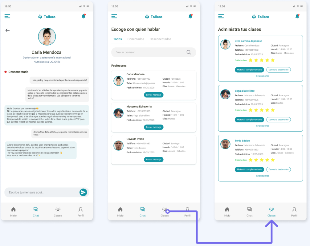 El alumno elige un profesor en el chat, continúa la conversación en tiempo real y gestiona sus clases agendadas