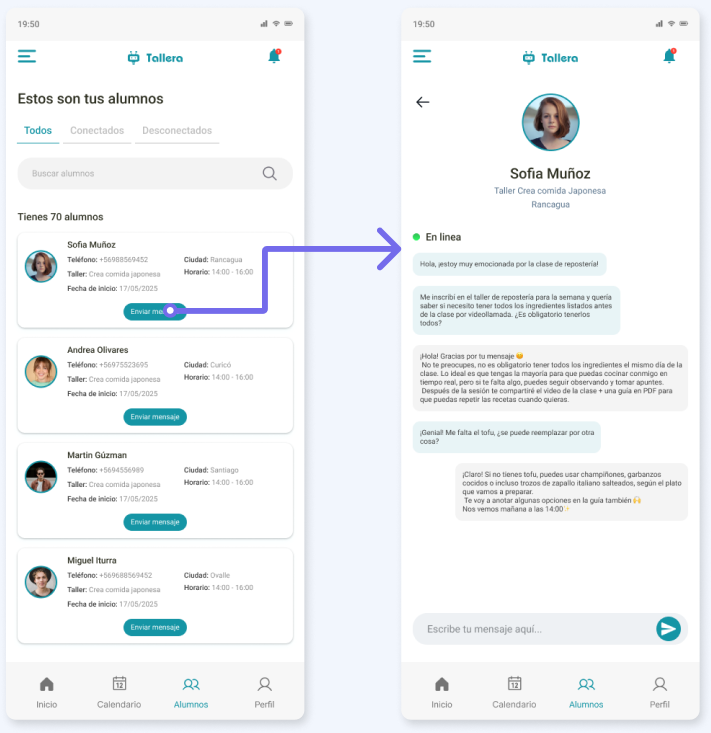 Desde el listado de alumnos conectados, el profesor abre el chat integrado con uno de ellos