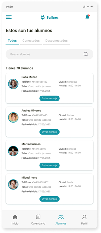 Listado de alumnos del profesor, filtrable por estado de conexión y con buscador