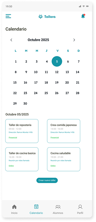 Calendario mensual del profesor con los talleres del día y el botón para crear un nuevo taller