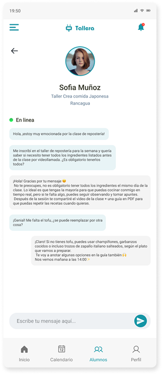 Conversación del profesor con una alumna, con el estado de conexión visible en la cabecera