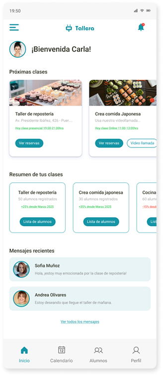Dashboard del profesor con las próximas clases, el resumen de reservas por taller y los mensajes recientes