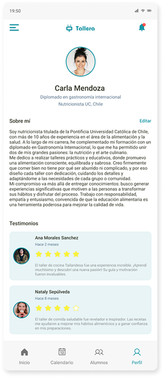 Perfil del profesor con la sección Sobre mí y los testimonios de sus alumnos con calificación